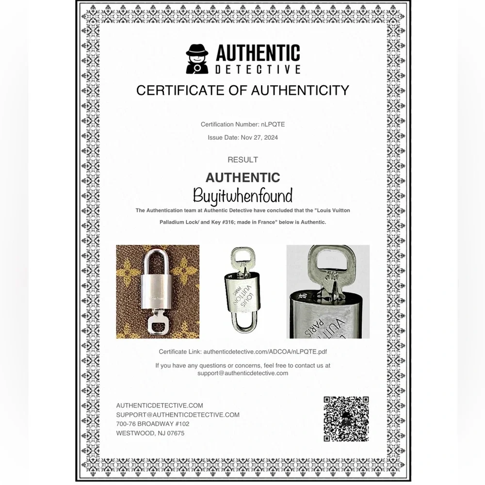 LOUIS VUITTON Silver Lock & Key Brushed Palladium Made In France RARE COA #316